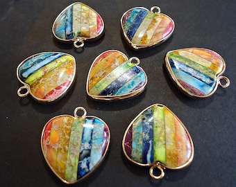 Rainbow Jasper Heart Pendants, Colorful Stone Hearts with Gold Plated Border