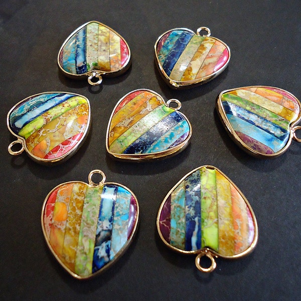 Rainbow Jasper Heart Pendants, Colorful Stone Hearts with Gold Plated Border
