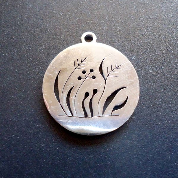 Stainless Steel Grass and Wild Flower Field Charm Pendant - Laser-cut - 18mm wide