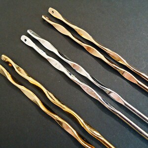 Twisted Metal Hair Stick Blanks, 6.25 Inches Long, Bright Silver, Gold, or Rose Gold, Top Drilled for embellishing