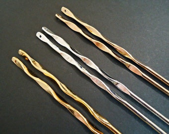 Twisted Metal Hair Stick Blanks, 6.25 Inches Long, Bright Silver, Gold, or Rose Gold, Top Drilled for embellishing