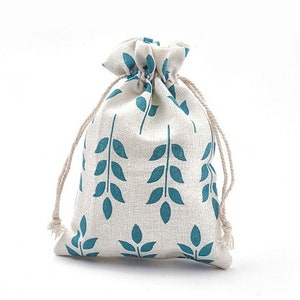 8 Burlap Polycotton Pouch Gift Bags, Blue Wheat Pattern, 6.5" Tall x 4.75" Wide, Set of 8, Natural Earthy Boho Drawstring Bag