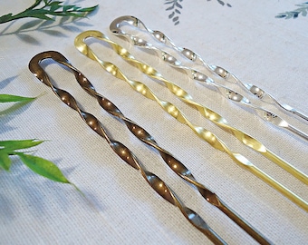 Hair Pin, Double Hair Stick, Twisted Metal U-pin, Silver, Gold, Antique Bronze, 5.75" Long