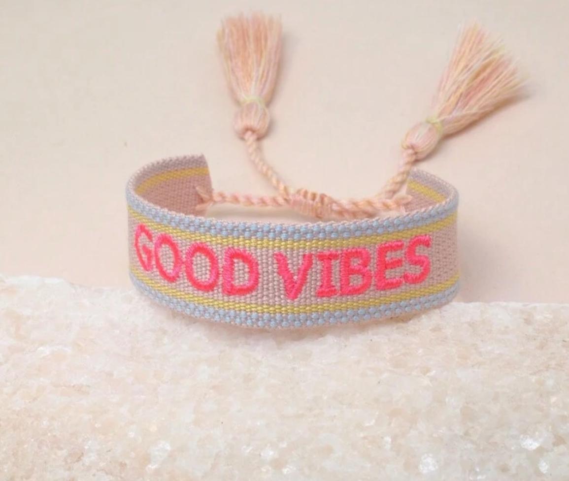 GOOD VIBES Embroidered Friendship Bracelet Adjustable Boho Wristband with Tassels