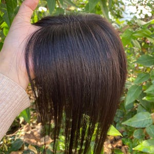 Puede incluir: Una pieza de cabello castaño oscuro con mechones largos y lisos. La pieza capilar parece estar hecha de cabello humano y está diseñada para agregar volumen y cobertura. La pieza capilar se sostiene contra un fondo de follaje verde.
