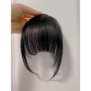 May include: A black hairpiece with a fringe, held against a white background. The hairpiece has a natural look with subtle highlights. The fringe is cut in a rounded shape, with longer strands on the sides.