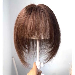 Peut inclure: Une postiche brune avec un style en couches et une frange. La postiche est présentée sur un support blanc sur fond blanc. Les cheveux ont des reflets et un aspect naturel.