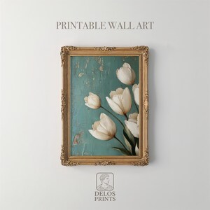 Ivory Tulip Wall Art - PRINTABLE Vintage Floral Painting, Rustic Oil Artwork of White Tulips, Farmhouse Botanical Decor, Earthy Tones 78