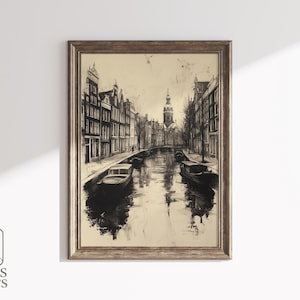 Amsterdam Canal Sketch - PRINTABLE Vintage Cityscape Wall Art, Charcoal Drawing of Europe Streets, Black and White Urban Decor 97