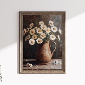 Daisy Pitcher Still Life - PRINTABLE Vintage Floral Wall Art, Rustic Oil Painting of White Daisies, Farmhouse Kitchen, Country Print 88