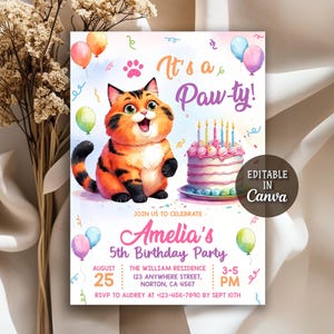 Invito di compleanno a tema gatto, invito di compleanno a tema gatto, invito di compleanno "Let's Paw-ty", invito di compleanno "Sei il mio gattino", modello Canva modificabile