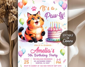 Verjaardagsuitnodiging kat, verjaardagsuitnodiging kat thema, Let's Paw-ty verjaardagsuitnodiging, Are You Kitten Me Birthday, bewerkbare canva-sjabloon