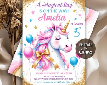 Unicorn Birthday Invitation, Magical Pastel Rainbow Invitation, Unicorn Birthday Party, Girl Pink Pastel Magical Birthday, Editable Canva