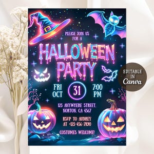 May include: A Halloween party invitation with a dark blue background and neon illustrations of a witch's hat, bats, pumpkins, and a spooky face. The text reads "Please join us for a Halloween Party" with the date, time, and RSVP information. The invitation is editable in Canva.