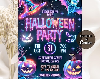 Invitación de Halloween neón, fiesta de disfraces espeluznante, invitación infantil de Halloween neón DIY, invitación de fiesta de Halloween, Canva editable