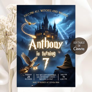 Könnte beinhalten: Eine digital illustrierte Einladung mit Fantasy-Thema. Die Einladung zeigt ein Schloss, eine Eule und einen Hut. Der Text lautet "Calling All Witches and Wizard" und "Anthony is turning 7". Die Einladung ist in Canva editierbar.