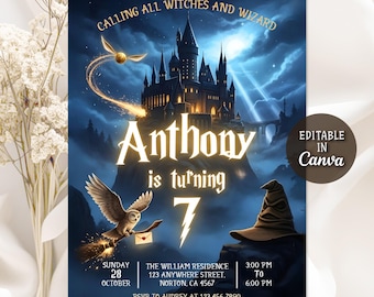 Wizards Witches Birthday Invitation, Wizardry Birthday Party Invitation, Magical Birthday Invitation, Castle Wizardry Party, Editable Canva