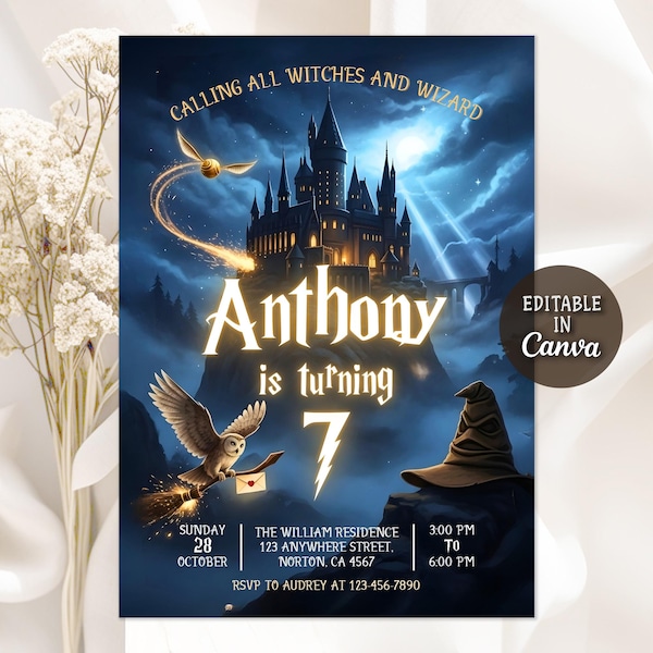 Wizards Witches Birthday Invitation, Wizardry Birthday Party Invitation, Magical Birthday Invitation, Castle Wizardry Party, Editable Canva