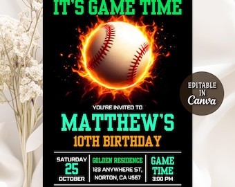 Baseball Birthday Invitation, Swing on Over, Boy Rookie Invite, Sports Birthday Invitation, Baseball Drip Invite, Editable Canva Template