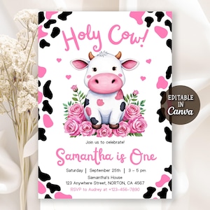 Holy Cow Birthday Invitation, Cowgirl Invitation, Holy Cow invitation, First Birthday Invitation, Floral Cow Print, Editable Canva Template