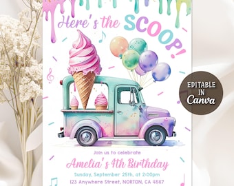 Invitación de cumpleaños de camión de helados, cumpleaños de la chica "Aquí está la primicia", invitación de cumpleaños de helado, invitación de cono rosa de verano, Canva editable