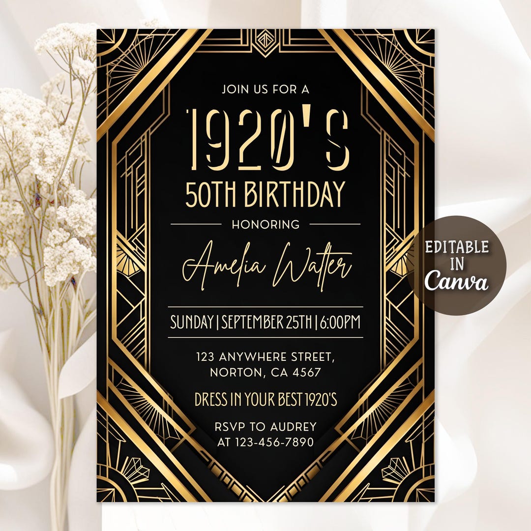 1920s Art Deco Birthday Invitation, Great Gatsby Party Invite, Roaring ...