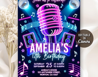 Invitación de cumpleaños para karaoke, canto, fiesta de cumpleaños musical, invitación a fiesta de música con neón, invitación a fiesta de karaoke con brillo, Canva editable
