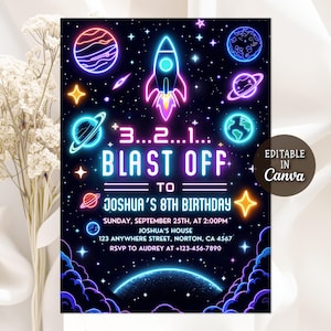 May include: A rectangular invitation card featuring a neon-style space theme on a dark background. It displays a rocket, planets, and stars with the text: 3...2...1... BLAST OFF TO JOSHUA'S 8TH BIRTHDAY, SUNDAY, SEPTEMBER 25TH, AT 2:00PM, JOSHUA'S HOUSE, 123 ANYWHERE STREET, NORTON, CA 4567, RSVP TO AUDREY AT +123-456-7890.