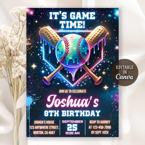May include: A birthday invitation card featuring a neon-style baseball and two crossed bats against a dark, starry background. The text reads IT'S GAME TIME, JOSHUA'S 8TH BIRTHDAY, SEPTEMBER 25, 10:00 AM, and includes placeholder address and RSVP details.
