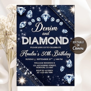 Denim och diamanter födelsedagsinbjudan, Denim och diamanter festinbjudan, Denim födelsedagsmiddagsinbjudningar, Lyxig inbjudan, Redigerbar canvas