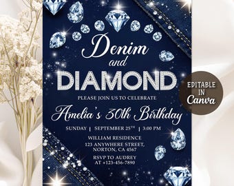 Denim and Diamonds Birthday invitation, Denim and Diamonds Party Invite, Denim Birthday Dinner Invites, Luxury invitation, Editable Canva