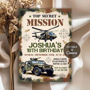 Military Party Invitation, Soldier Birthday Invitation, Army Birthday Invitation, Military Birthday Party Invite, Editable Canva Template