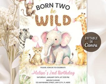 Two Wild Second Birthday Invitation, Safari Zoo Birthday Invitation, Girl Born Two Be Wild Party Invitation, Jungle Animals, Editable Canva
