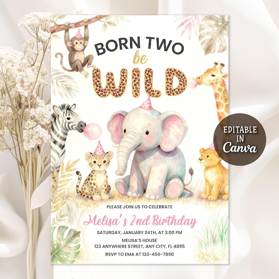 Two Wild Second Birthday Invitation, Safari Zoo Birthday Invitation, Girl Born Two Be Wild Party Invitation, Jungle Animals, Editable Canva