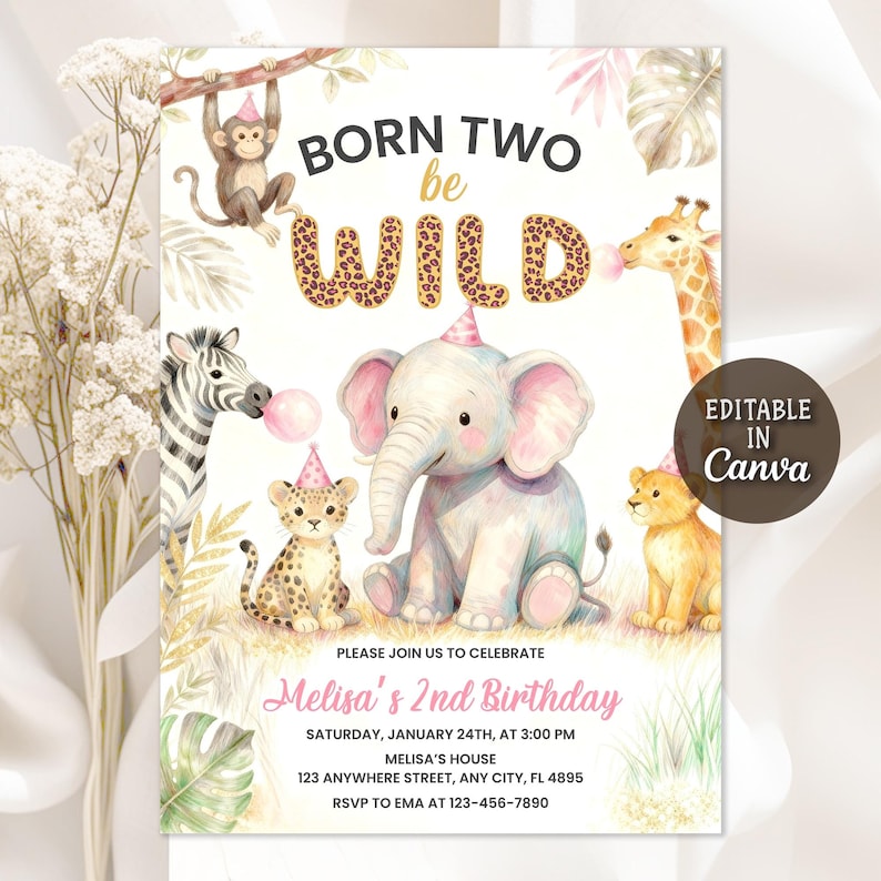 Second Birthday,in Two the Wild,Animals Invitation,Born Two be Wild,2nd Birthday,Leopard Printsafari 2nd birthday,safari birthday,2nd birthday invite,girl 2nd birthday,two wild invitation,girl two wild,two wild invite,two wild birthday,she's two wild,safari invitation,jungle safari,jungle animals,girl invitation,Editable Template,Birthday Invitation,Editable Invitation