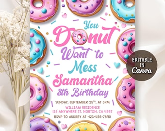 Donut Birthday Invitation, Donut Party Invitation, Donut Invites, Dunk and Donuts Invitation, Donut Thank you tag, Editable Canva Template