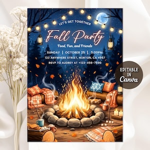Fall Party Invitation, Autumn Harvest Party Invite, Friendsgiving Dinner Party Invitation, S&#39;more Fun Bonfire Invitation, Editable Canva
