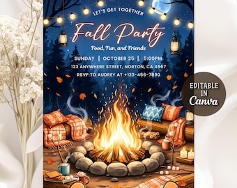 Fall Party Invitation, Autumn Harvest Party Invite, Friendsgiving Dinner Party Invitation, S'more Fun Bonfire Invitation, Editable Canva