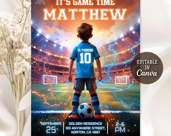 May include: Digital invitation for a football-themed birthday party. The design shows a boy in a blue jersey with the number 10 on a football pitch. Text includes "IT'S GAME TIME MATTHEW" and party details. The invitation is editable in Canva.