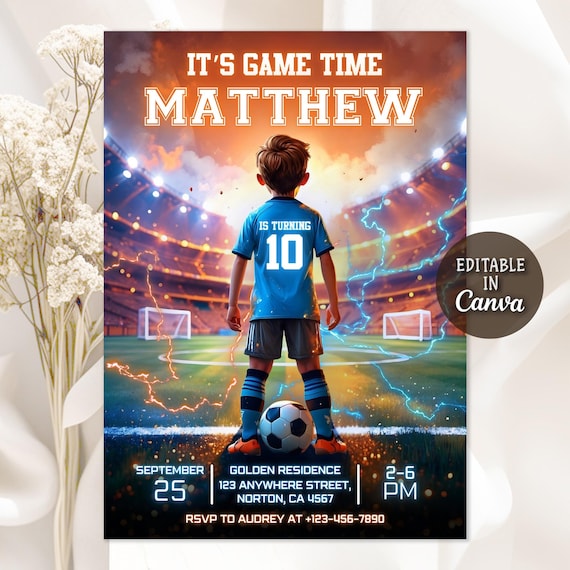 Soccer Birthday Invitation, Football Invite, Kids Soccer Invite, Let's Kick it Soccer Invite, Sports Invitation, Soccer Card, Editable Canva