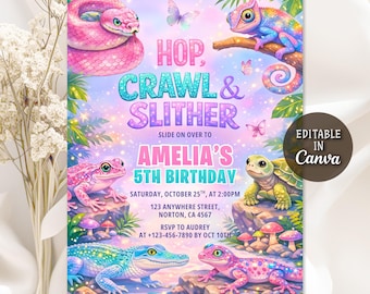 May include: A colorful birthday party invitation with the text "Hop, Crawl & Slither" and "Amelia's 5th Birthday." The design features illustrations of a snake, chameleon, frog, turtle, gecko, and alligator. The invitation is editable in Canva.