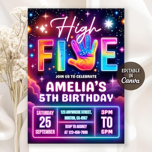 May include: A colourful birthday invitation with a "High Five" design. The invitation includes the text "Amelia's 5th Birthday", date, time, and RSVP information. The design features a neon colour scheme with a starry background.