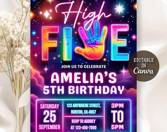 High Five Birthday Party Invitation, Neon Glow High Five, Hi Five 5th Birthday Party, Boys 5th Birthday Party, Editable Canva Template