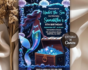 Mermaid Birthday invitation, Whimsical Mermaid Birthday Party, Mermaid Bash Invite, Under the Sea Birthday Party Invitation, Editable Canva