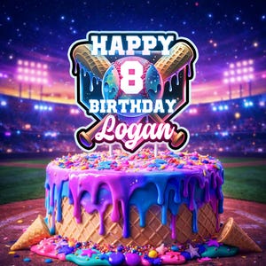 Puede incluir: Una colorida tarta de cumpleaños con temática de béisbol. La tarta tiene una base de cono de gofre, cubierta con un vibrante glaseado rosa, azul y morado que gotea por los lados. Un adorno para tarta dice "Happy 8th Birthday Logan".