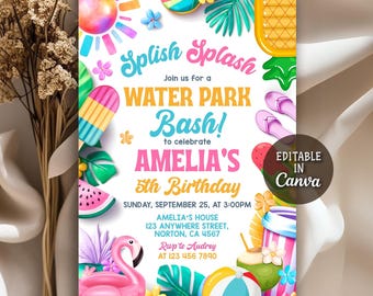 Può includere: Un invito colorato per una festa di compleanno in un parco acquatico. Il design presenta il testo "Splish Splash" e "Water Park Bash!" con illustrazioni di un fenicottero, gelato e un pallone da spiaggia. L'invito è per il 5° compleanno di Amelia.