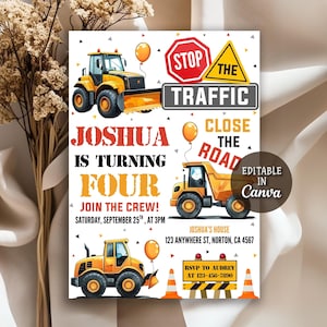 May include: A birthday invitation with a construction theme. The invitation features illustrations of yellow construction vehicles, orange balloons, and the text "Joshua is turning four." The invitation also includes the text "Join the crew!" and RSVP information.