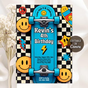 May include: A birthday invitation featuring a blue skateboard design with the text "Kevin's 4th Birthday." The invitation includes a smiley face, lightning bolt, and star graphics. The background has a black and white checkered pattern. The text "Editable in Canva" is also present.