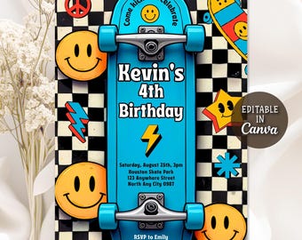 Può includere: Un invito di compleanno con un design di skateboard blu con il testo "4° compleanno di Kevin". L'invito include faccine sorridenti, un fulmine e grafiche a stella. Lo sfondo ha un motivo a scacchi in bianco e nero. È presente anche il testo "Modificabile in Canva".