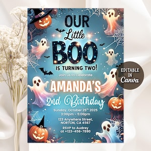 May include: A Halloween-themed birthday invitation with a blue background, featuring ghosts, bats, and pumpkins. The text reads "Our Little Boo is Turning Two!" and includes party details. The invitation is editable in Canva.